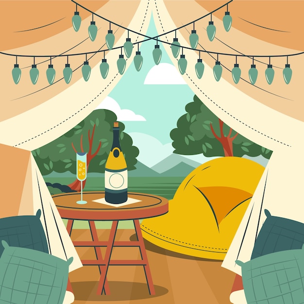 Hand drawn flat design glamping illustration