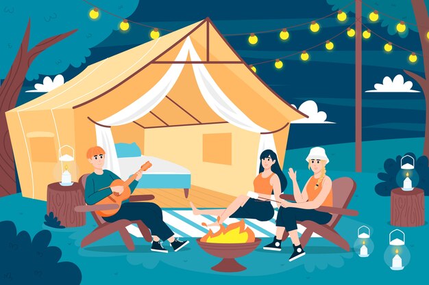 Illustrazione glamping design piatto disegnato a mano