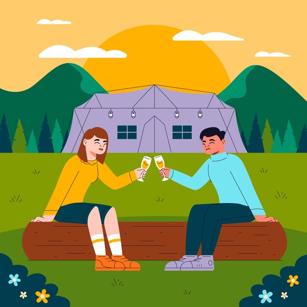 Hand drawn flat design glamping illustration