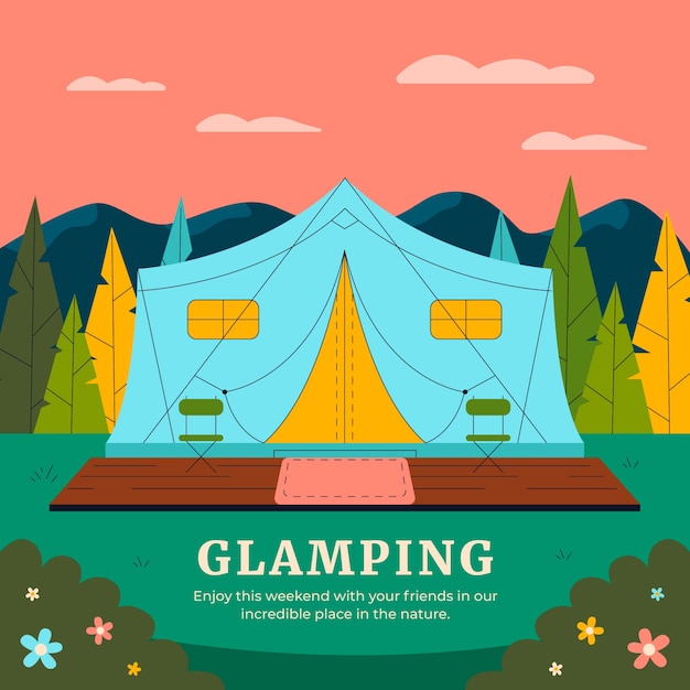 Illustrazione glamping design piatto disegnato a mano