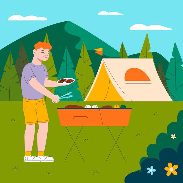 Vettore gratuito illustrazione glamping design piatto disegnato a mano