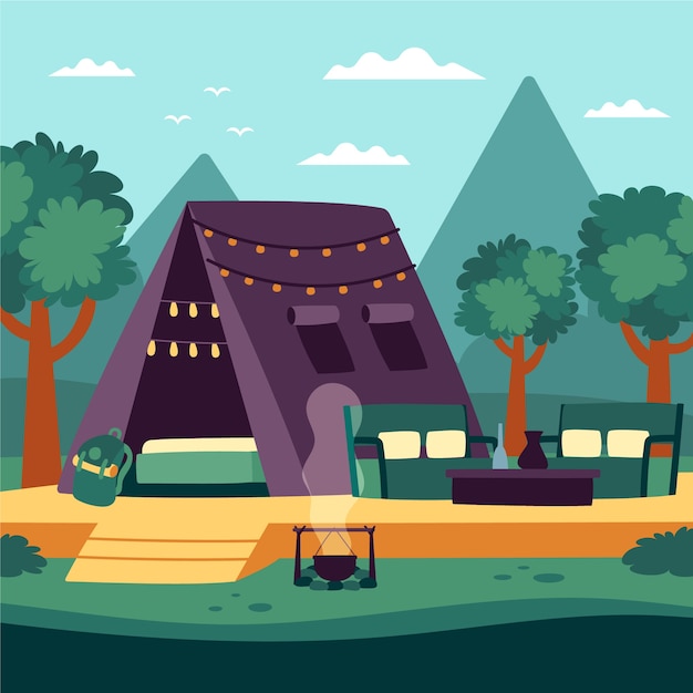 Hand drawn flat design glamping illustration