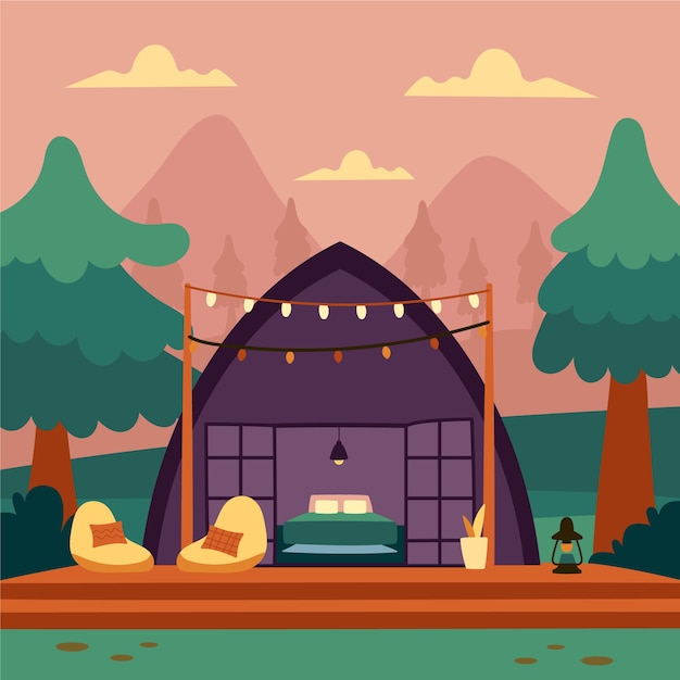 Vettore gratuito illustrazione glamping design piatto disegnato a mano