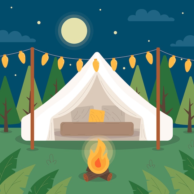 Illustrazione glamping design piatto disegnato a mano