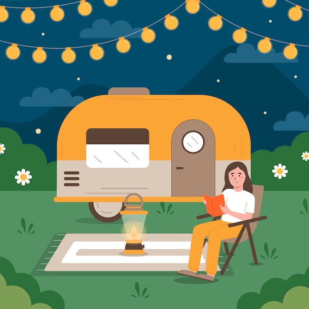 Hand drawn flat design glamping illustration