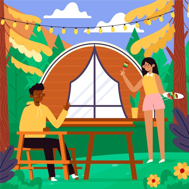 Hand drawn flat design glamping illustration