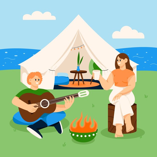 Hand drawn flat design glamping illustration