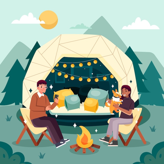 Hand drawn flat design glamping illustration