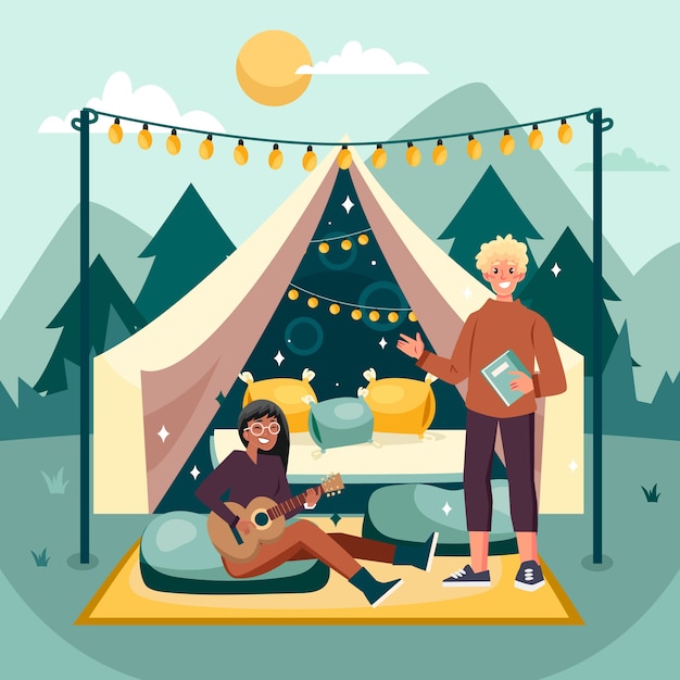 Vettore gratuito illustrazione glamping design piatto disegnato a mano