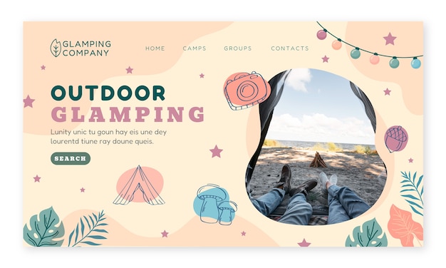 Hand drawn flat design glamping landing page