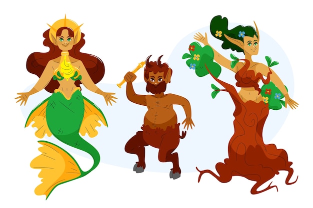 Hand drawn flat design greek mythology character collection