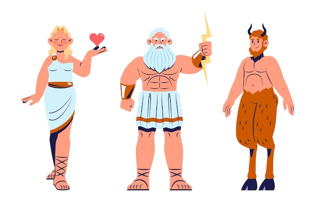 Vettore gratuito collezione di personaggi della mitologia greca dal design piatto disegnato a mano