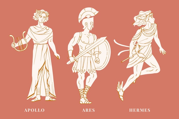 Vettore gratuito collezione di personaggi della mitologia greca dal design piatto disegnato a mano