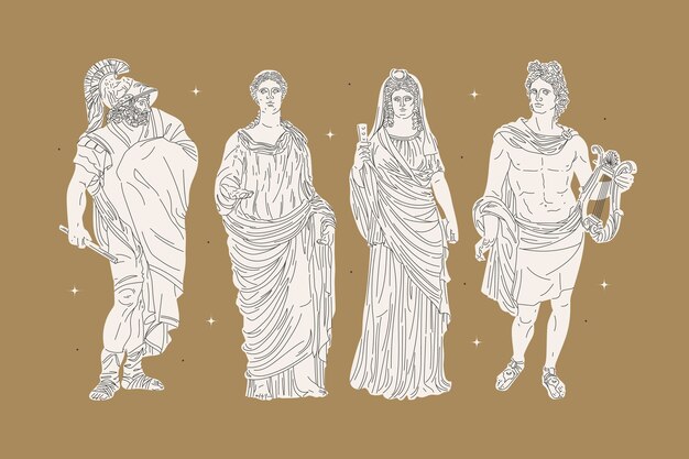 Hand drawn flat design greek mythology character collection