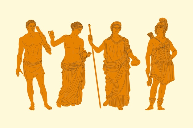 Vettore gratuito collezione di personaggi della mitologia greca dal design piatto disegnato a mano