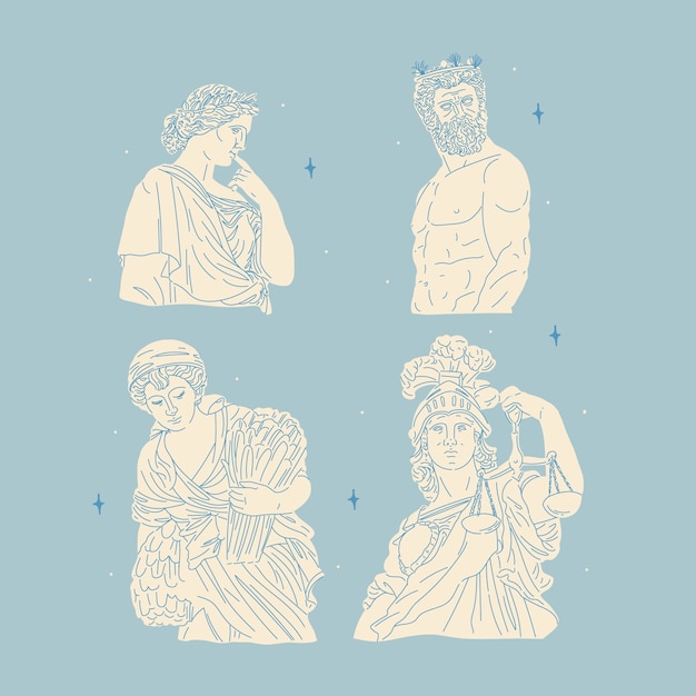 Hand drawn flat design greek mythology character collection