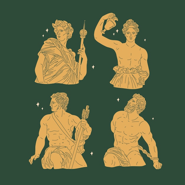 Collezione di personaggi della mitologia greca dal design piatto disegnato a mano