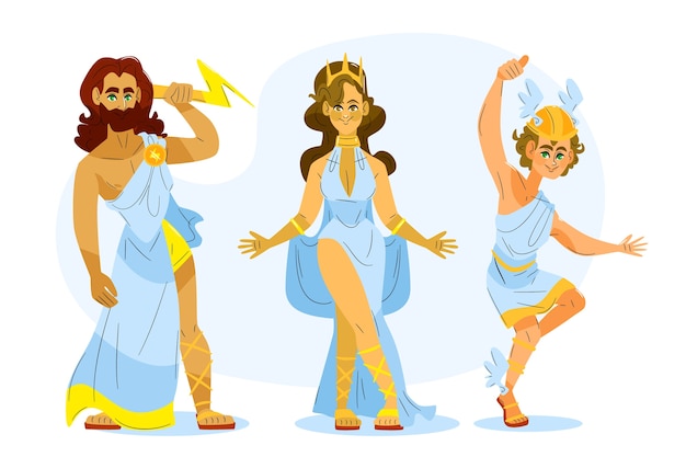 Collezione di personaggi della mitologia greca dal design piatto disegnato a mano