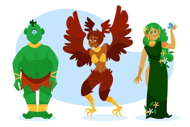 Hand drawn flat design greek mythology character collection