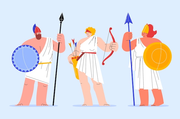 Vettore gratuito collezione di personaggi della mitologia greca dal design piatto disegnato a mano