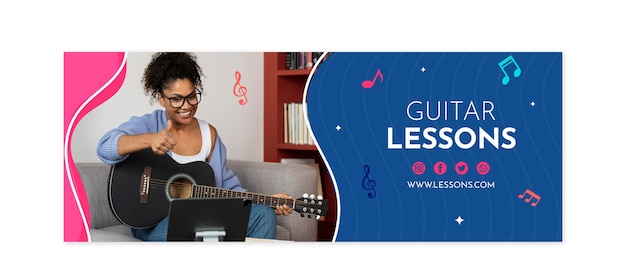 Free vector hand drawn flat design guitar lessons facebook cover