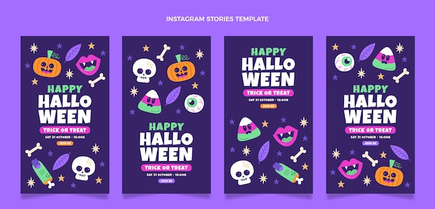 Storie di halloween ig design piatto disegnato a mano