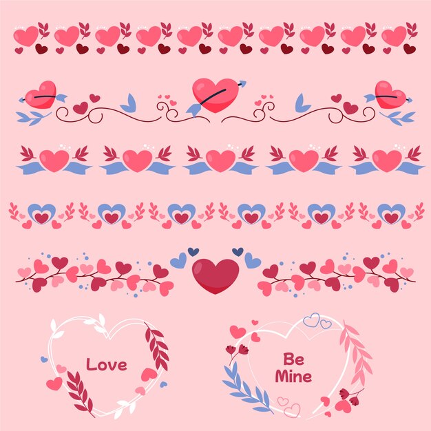 Hand drawn flat design hearts border and frame