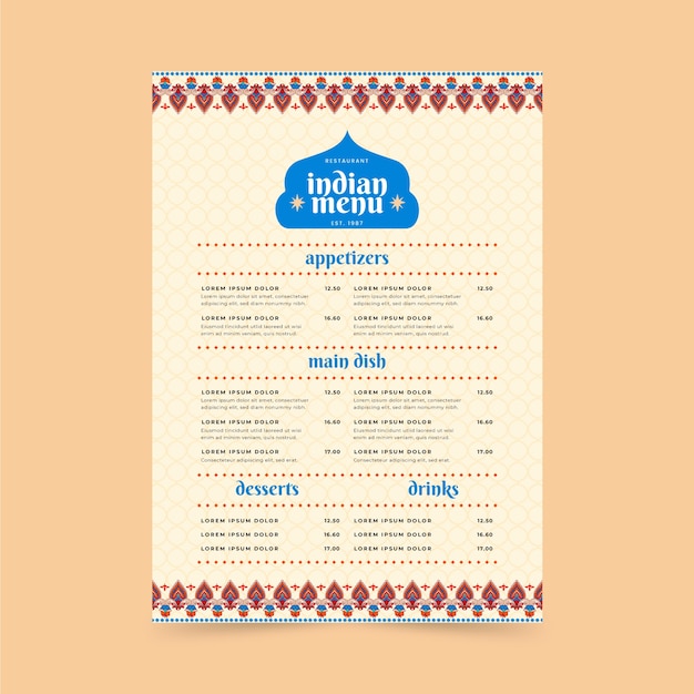 Hand drawn flat design indian menu template