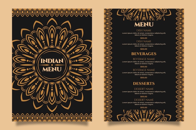 Modello di menu indiano design piatto disegnato a mano