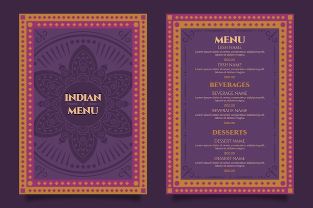 Modello di menu indiano design piatto disegnato a mano