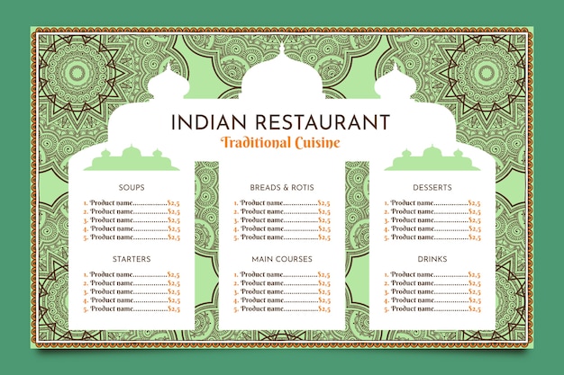 Modello di menu indiano design piatto disegnato a mano