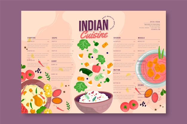 Menu indiano dal design piatto disegnato a mano