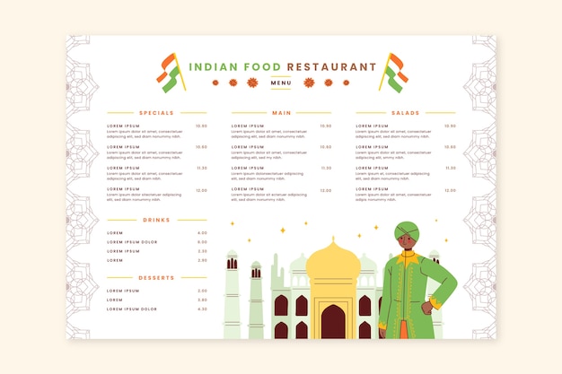 Menu indiano dal design piatto disegnato a mano