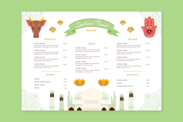 Menu indiano dal design piatto disegnato a mano