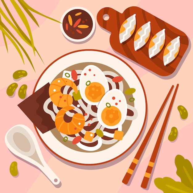 무료 벡터 손으로 그린 평면 디자인 일본 음식 그림