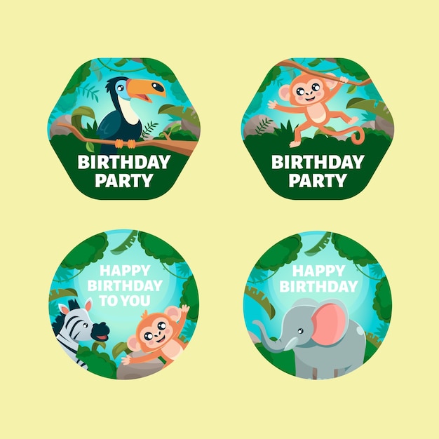 Free vector hand drawn flat design jungle birthday party badges