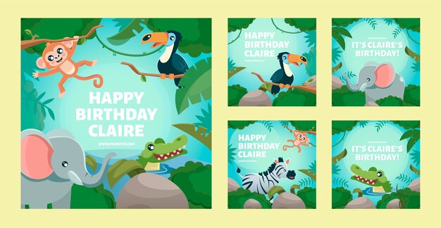 hand drawn flat design jungle birthday party instagram posts