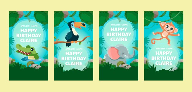 Hand drawn flat design jungle birthday party instagram stories