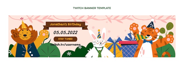 Hand drawn flat design jungle birthday party twitch banner