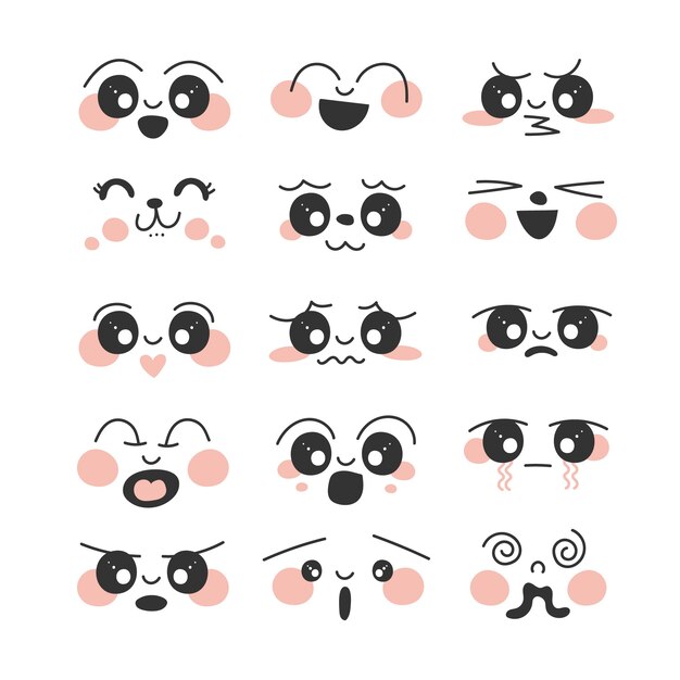 Hand drawn flat design kawaii face collection