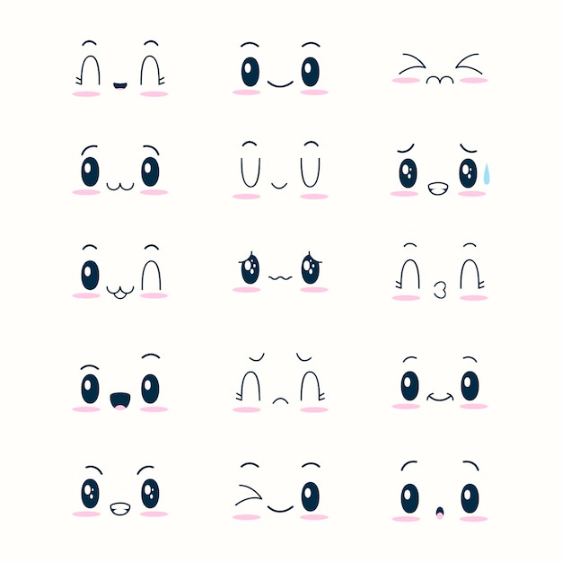 Hand drawn flat design kawaii face collection