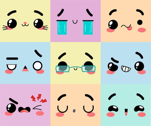 Hand drawn flat design kawaii face collection