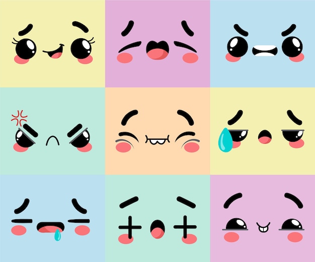 Hand drawn flat design kawaii face collection