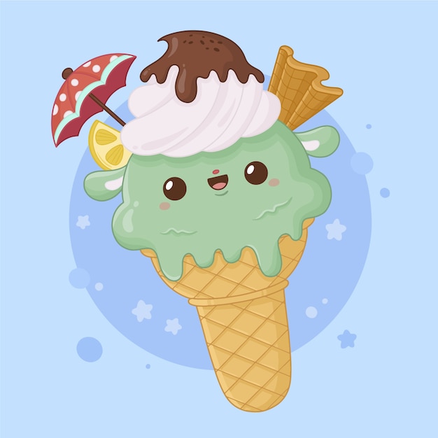 Hand drawn flat design kawaii foods illustration