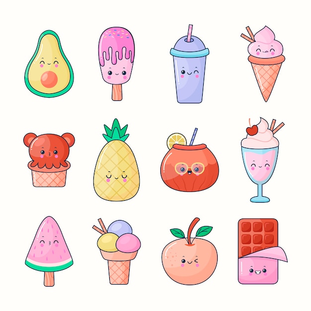 Set di alimenti kawaii dal design piatto disegnato a mano