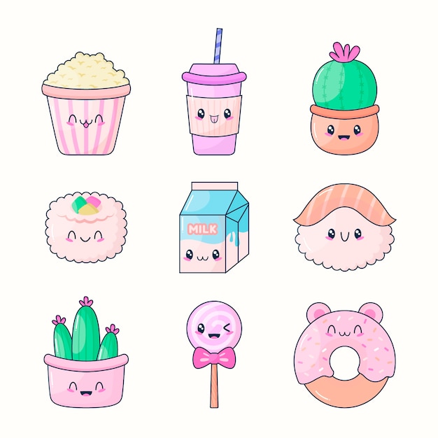 Vettore gratuito set di alimenti kawaii dal design piatto disegnato a mano