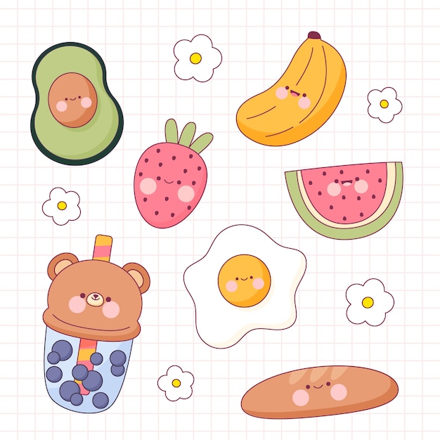 Hand drawn flat design kawaii foods set