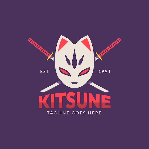 Vettore gratuito logo kitsune design piatto disegnato a mano