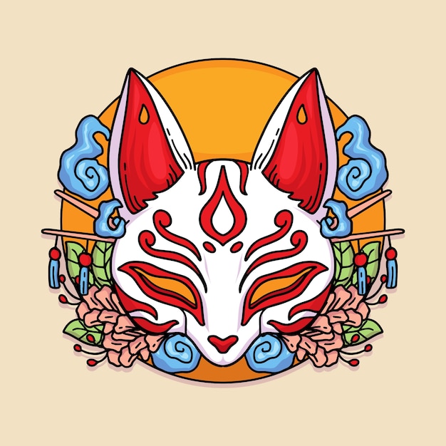 Vettore gratuito illustrazione della maschera kitsune dal design piatto disegnato a mano