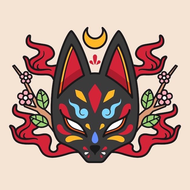 Illustrazione della maschera kitsune dal design piatto disegnato a mano